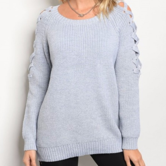 Sweaters - PASTEL BLUE LACE UP SLEEVES SWEATER